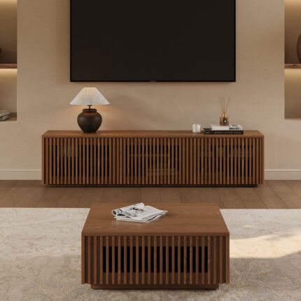 وحدة تلفزيون و ترابيزة قهوة خشب كونتر طبيعي بني - قطعتين - W-432