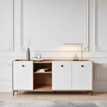 بوفية ام دي اف اسبانى أبيض و خشبي - 85×170×40 سم - W-428